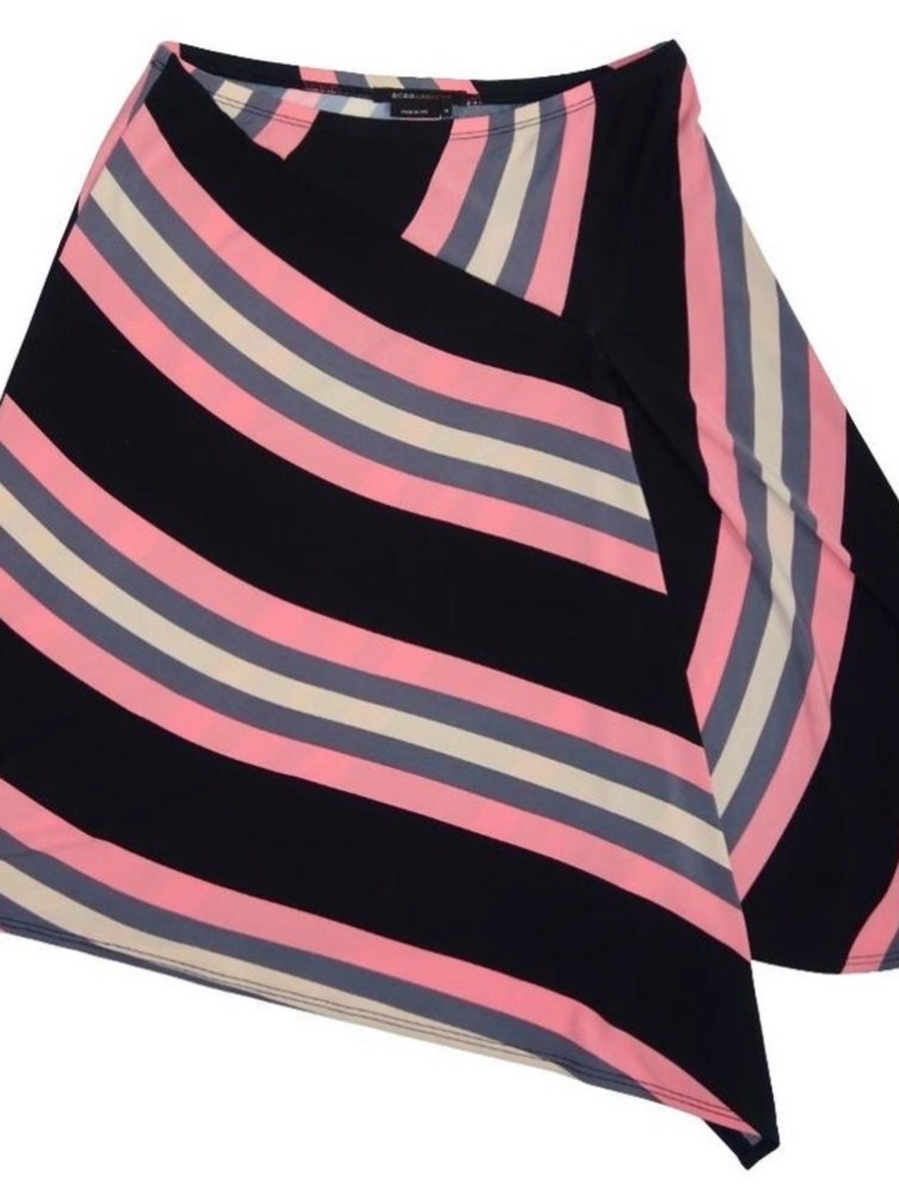 BCBGMaxAzria Black, Pink, Gray and Cream Striped Asymmetrical Skirt -Midi Length